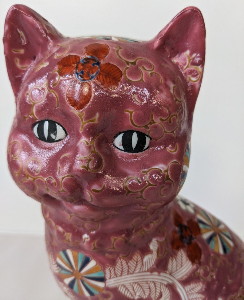 Vintage Pink Lucky Cat Kutani Ware Style Porcelain Good Luck Ornament 12 in Tall Home Decoration image 1