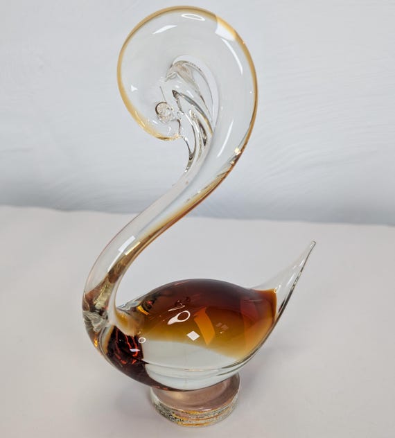 ムラーノ スワン　アルキメデセグソ グリーン アラバストロンガラスの白鳥彫刻 ヴィンテージ ムラーノ アートガラス 白鳥の彫刻：琥珀色と透明吹き