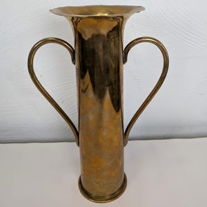 Antique Militaria WWI Trench Art Heavy Brass WWI Trench Art Artillery Shell Art Deco Vase 14in Tall