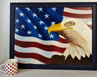 Vintage Oil Painting on Canvas American Eagle Framed in Wooden Frame 27x21in Home Decoration Wall Art