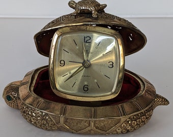 Vintage Gilded Brass Turtle Starlet Folding Travel Alarm Clock 2 Jewels Working