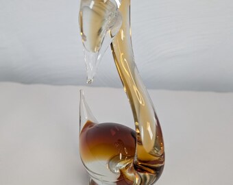 ヴィンテージ ムラーノ アートガラス 白鳥の彫刻：琥珀色と透明吹き