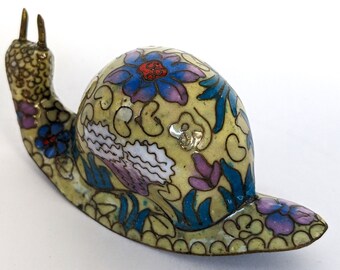 Vintage Cloisonne Snail Miniature Figurine Floral Hand Painted Enamel on Brass Design 3.5in Oriental Collectables