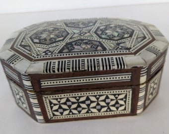 Vintage Small Khatam Marquetry Mosaic Jewellery Trinket Box 11cm Home Decor