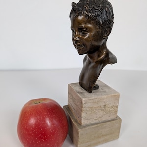 Antique Italian Boy Bronze Bust Signed Giovanni De Martino on Stacked Marble Base 8in High Art Sculpture Home Decoration