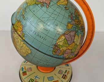 Vintage World Globe Pressed Tin Metal Made In England By Chad Valley 9.5in Tall Home or Office Decor