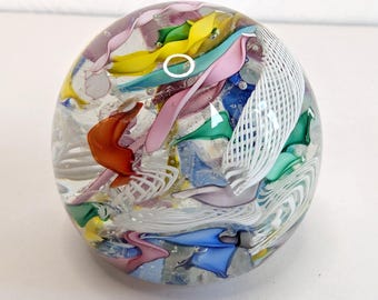 Vintage Rare Murano Tutti Frutti Art Glass Paperweight Zanfirico Dichroic Latticino Design