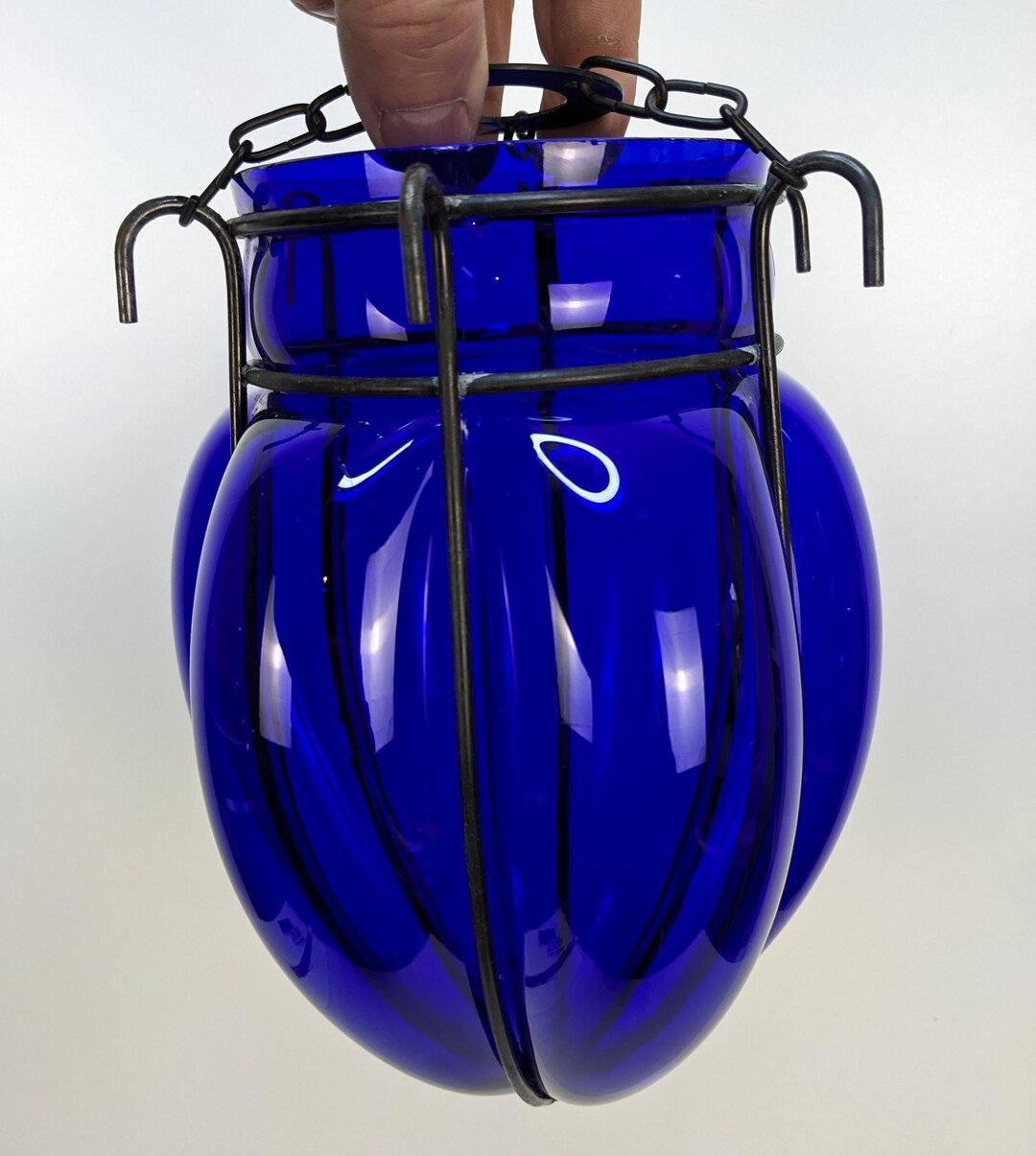 View of Vintage Bristol Blue Caged Glass Ceiling Light Shade Pendant Lampshade ...