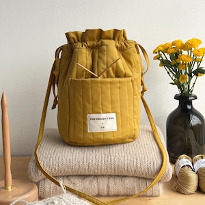 Bolsa para proyectos de tejido / Bolsa con cordón de tela toile hecha a mano para tejer y hacer ganchillo / Bolsa pequeña para proyectos de hilo