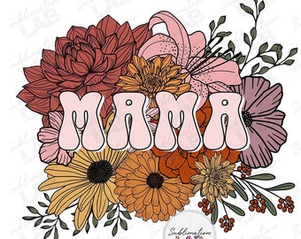 Può includere: Un designo di parole "MAMA" in stile retrò rosa con un arrangiamento floreale di fiori rossi, arancioni, gialli e viola.