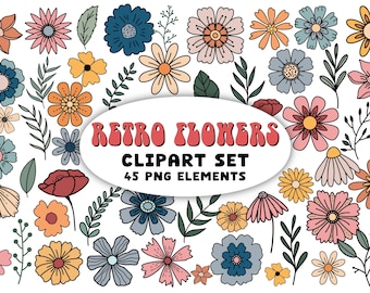 Puede incluir: Un conjunto de 45 ilustraciones de flores retro clipart en varios colores, incluyendo rosa, azul, amarillo, rojo y naranja. Las flores están dibujadas en un estilo simple y caprichoso y son perfectas para agregar un toque de encanto vintage a tus diseños.