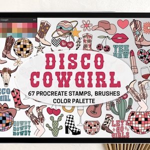Procreate Sellos Patrón Pinceles y Paleta de Colores Disco Vaquera / Despedida de Soltera Procreate Bundle Western Groovy Retro Space Valentine