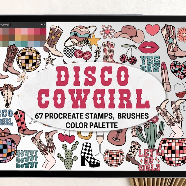 Procreate Stamps Pattern Brushes and Color Palette Disco Cowgirl | Bachelorette Party Procreate Bundle Western Groovy Retro Space Valentine