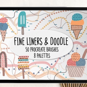 Puede incluir: Una ilustración digital de conos de helado y paletas de helado sobre un fondo blanco con líneas y puntos de colores. El texto "FINE LINERS & DOODLE 50 PROCREATE BRUSHES 8 PALETTES" se muestra en un óvalo blanco.