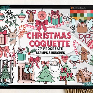 May include: A tablet screen displays a digital illustration of Christmas elements. The design includes festive bows, baubles, a snowman, and Santa Claus. Text reads "Christmas Coquette" and "77 Procreate Stamps & Brushes". The overall theme is festive.