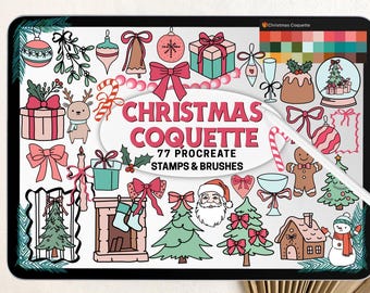 Christmas Procreate Coquette Stamps & Brushes: Bow Frames, Preppy Girly Whimsical Stamps (Digital Download)