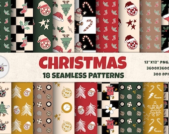 Christmas Patterns PNG JPG Seamless Digital Paper 12x12 | Repeat Background Scrapbook Paper Merry Christmas Retro Cartoon Checkered