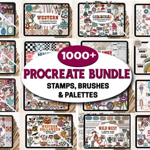 May include: A digital art bundle featuring over 1000 Procreate stamps, brushes, and palettes. The image showcases various themed sets, including Western, Christmas, Halloween, and floral designs, displayed on digital tablets.