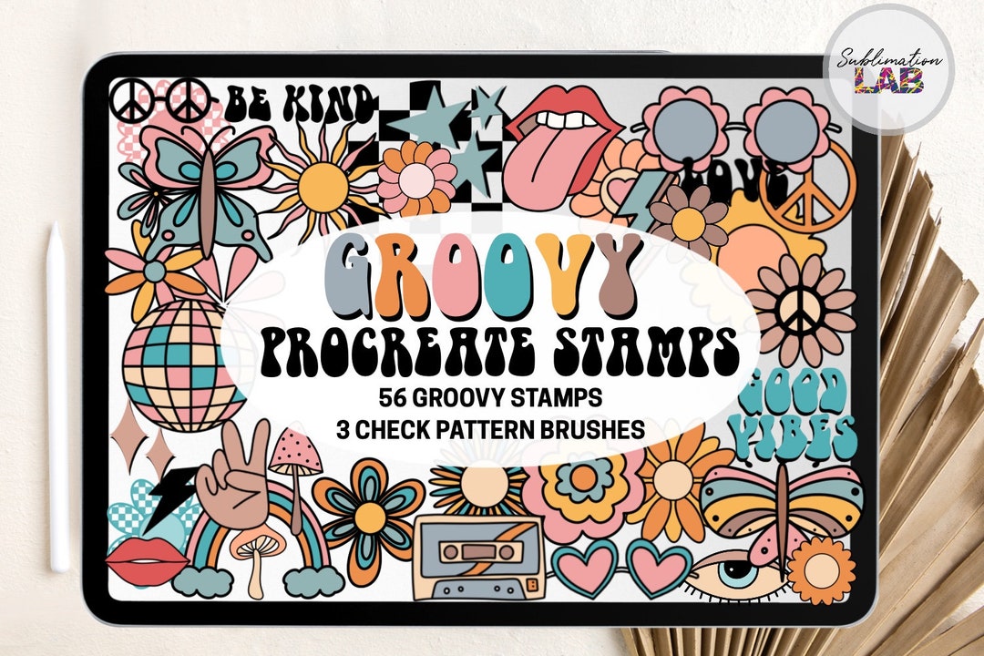 Groovy Retro Procreate Stamps and Brushes: Daisy Flowers, Checkered ...