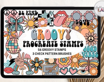 Groovy Retro Procreate-stempels en -penselen: madeliefjebloemen, geruit (digitale download)