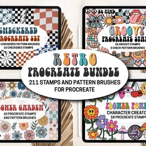 Lot de timbres rétro Procreate | Brosses Procreate Patterns Fleurs à carreaux groovy Daisy Doodles | Grand kit de procréation