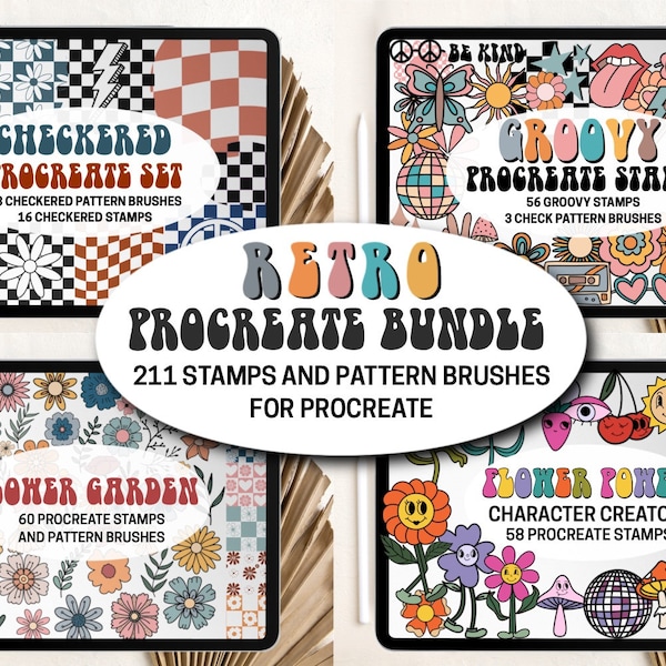 Paquet de timbres de procréation rétro | Brosses Procréer des motifs Groovy Fleurs à carreaux Daisy Doodles | Grand ensemble de procréation