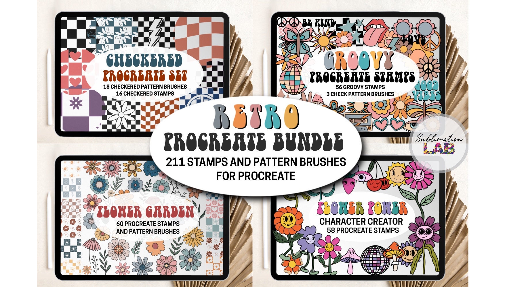 Paquete de sellos y pinceles retro para Procreate – Conjunto de patrones groovy, dameros, flores y garabatos de margaritas