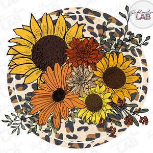 Sunflower Png Floral Bouquet Sublimation Design / Boho Leopard Circle Tshirt Design DTG Descarga digital