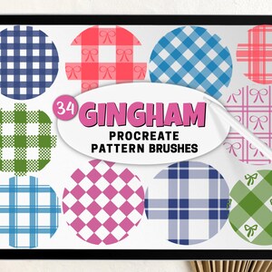 May include: A digital tablet displays a collection of 34 gingham pattern brushes for Procreate. The patterns are in various colors, including blue, pink, green, and red, with a white stylus resting on the screen.