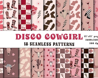 Disco Cowgirl Seamless Patterns PNG JPEG Digital Paper 12x12 | Bachelorette Party Scrapbook Paper Bundle Background Cowhide Boot Western
