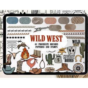 May include: A set of 61 digital brushes, patterns, and stamps for Procreate, featuring a Wild West theme. The illustrations include cowboys, cacti, horseshoes, saloon signs, and more.
