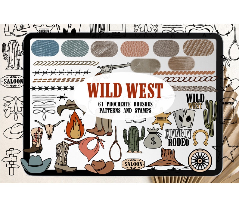May include: A set of 61 digital brushes, patterns, and stamps for Procreate, featuring a Wild West theme. The illustrations include cowboys, cacti, horseshoes, saloon signs, and more.