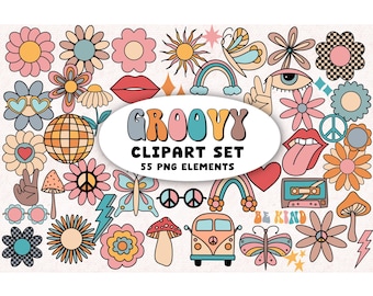 Puede incluir: Un conjunto de 55 ilustraciones de arte de clip retro groovy en una variedad de colores, incluidos signos de paz, flores, mariposas, gafas de sol y una camioneta. El texto "Groovy Clip Art Set" está incluido en la imagen.