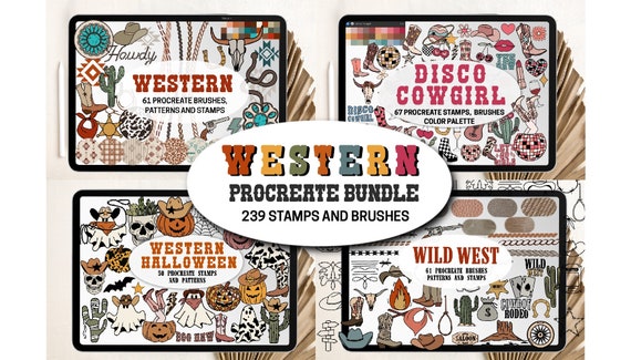 Western Procreate Stamps Brushes Bundle Procreate Patterns Cowboy Cowgirl Halloween Wild West | Big Procreate Set