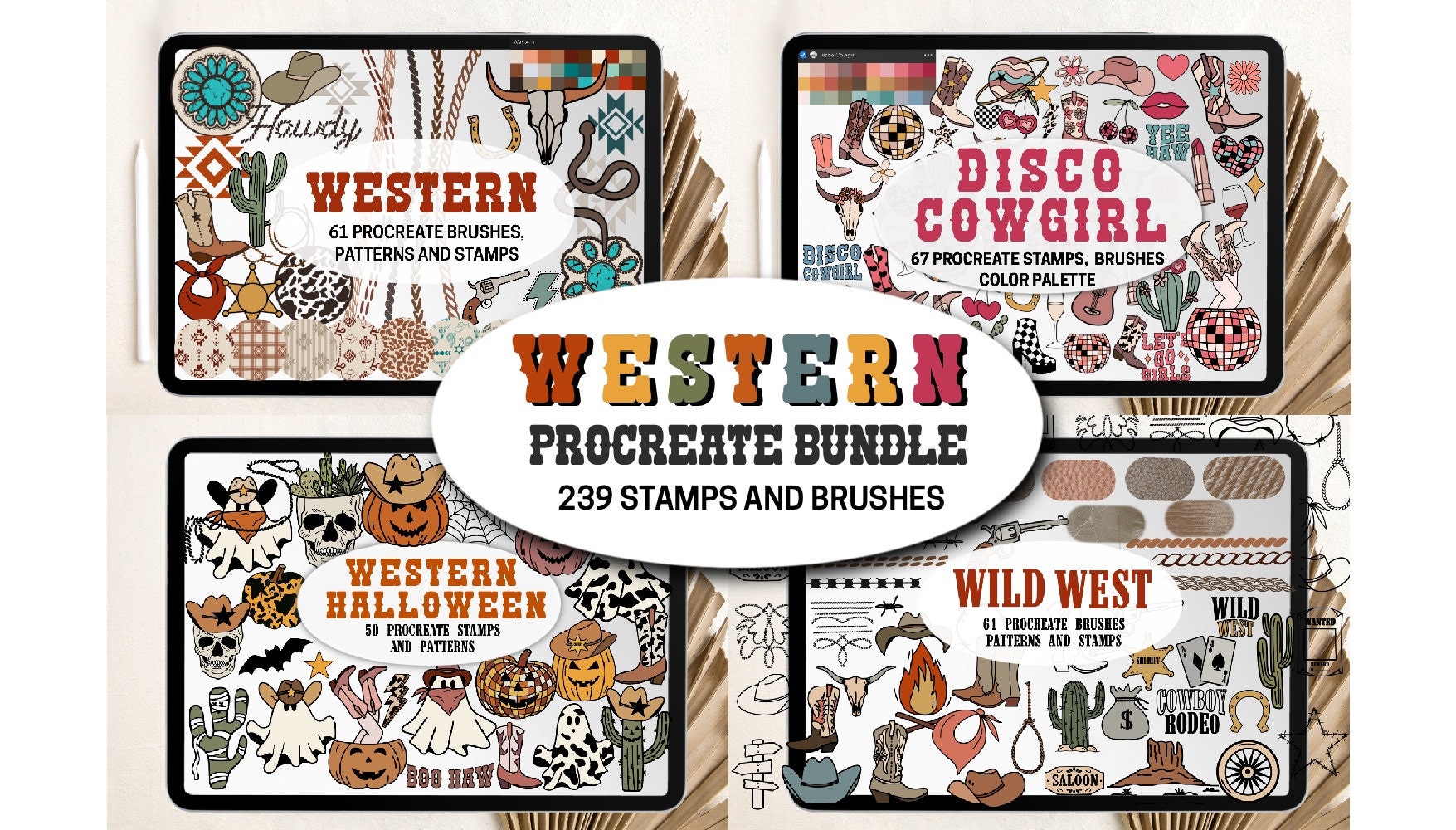 Pack de sellos y pinceles Western para Procreate — Cowboy, Cowgirl, patrones del Lejano Oeste y set de Halloween