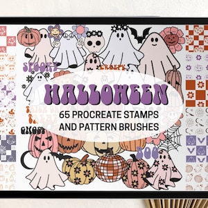 Sellos de procreación de Halloween y pinceles de patrón / Groovy Retro Spooky Season Pumpkin Ghost Daisy Stamps
