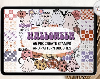 Halloween Procreate Stamps and Pattern Brushes | Groovy Retro Spooky Season Pumpkin Ghost Daisy Stamps