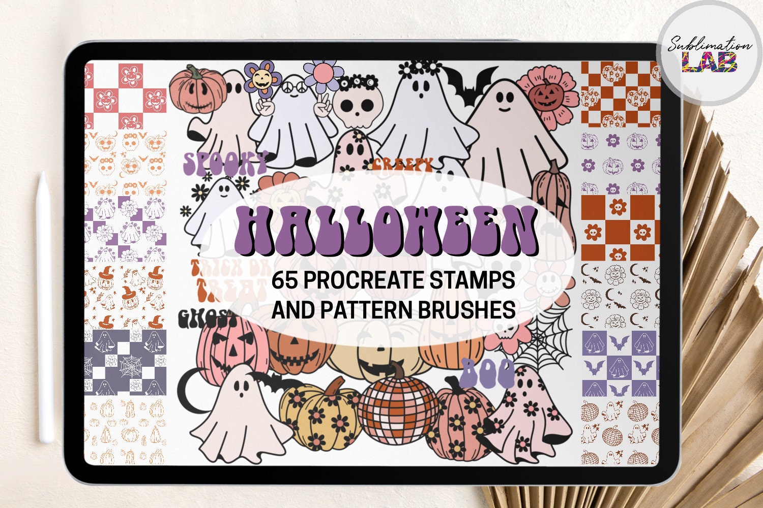 Sellos y pinceles de patrón para Procreate de Halloween – Retro groovy: fantasmas, calabazas y margaritas