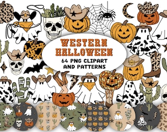 Western Halloween Clipart & Patterns: Cowboy Ghost, Pumpkin, Skull (PNG Digital Download)