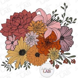 Floral Bouquet Png Sublimation Design / Boho Trendy Neutral Tshirt Design DTG Digital Download Png / Birth Flower Bouquet