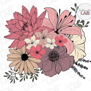 Diseño de sublimación floral Png / Boho Trendy Flower Bouquet Tshirt Diseño Digital Descargar / Mes de nacimiento Fondo de sublimación de flores