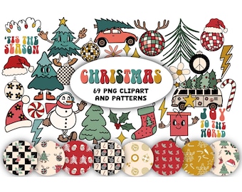 Christmas Clipart & Patterns PNG Groovy Cartoon Hand Drawn Christmas Elements and Seamless Patterns Bundle - Digital Download