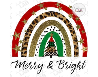 Merry & Bright Christmas Rainbow Sublimation Design Png | Leopard Rainbow Christmas Tshirt Design | Christmas Tree Cheetah Digital Download