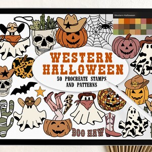 May include: A set of 50 Western Halloween themed Procreate stamps and patterns. The digital illustrations include pumpkins, ghosts, skulls, cacti, and cowboy hats. The text "Western Halloween" and "50 Procreate Stamps and Patterns" is included in the image.