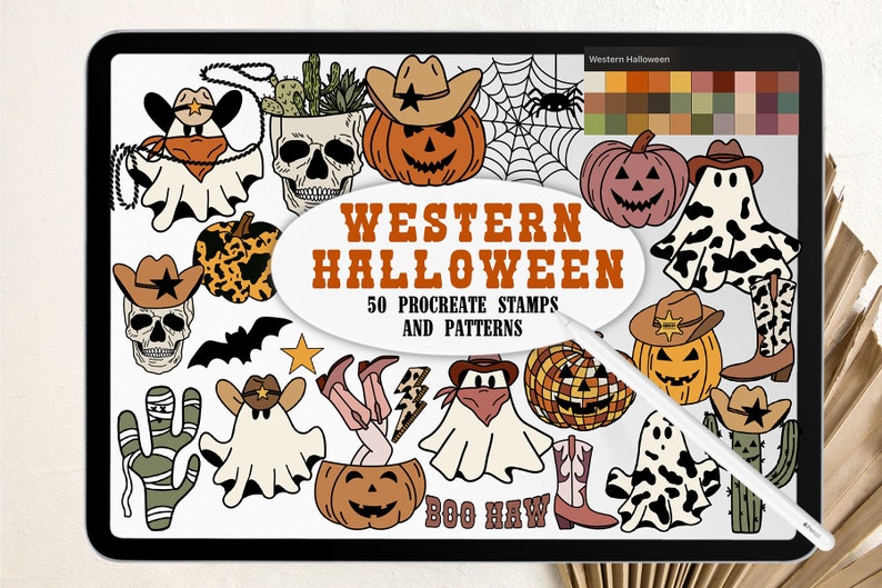 May include: A set of 50 Western Halloween themed Procreate stamps and patterns. The digital illustrations include pumpkins, ghosts, skulls, cacti, and cowboy hats. The text "Western Halloween" and "50 Procreate Stamps and Patterns" is included in the image.