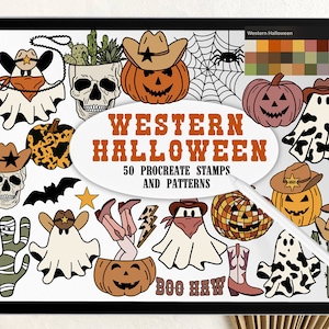 Stempels en penselen voor de voortplanting van Halloween | Western Cowboy Ghost Wild West Howdy Spooky Pumpkin Procreate stempels en patroonpenselen