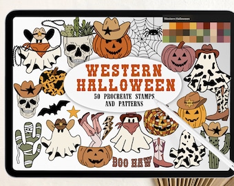 Western Halloween Procreate Stamps and Brushes: Cowboy Ghost Pumpkin (Digital Download)