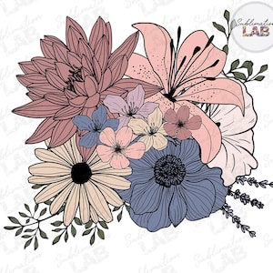 Floral Bouquet Png Sublimation Design / Boho Trendy Neutral Tshirt Design Digital Download Png / Birth Month Flower Bouquet