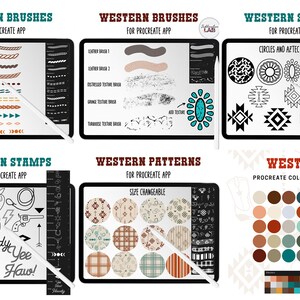 May include: Western themed digital art brushes and stamps for the Procreate app. The image shows six different screens on an iPad, each displaying a different set of brushes, stamps, and patterns. The screens are labeled with the words "Western Brushes", "Western Stamps", "Western Patterns", and "Western Procreate Color Palette".