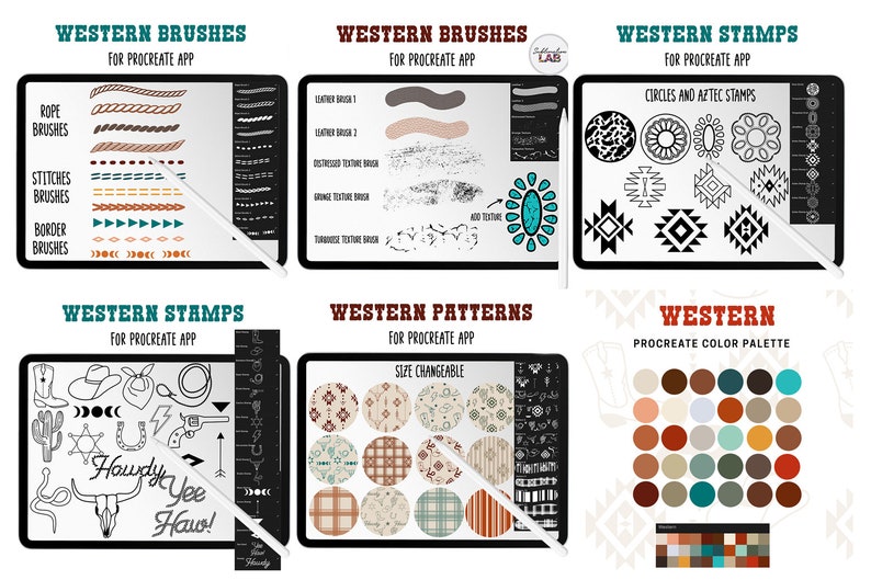 May include: Western themed digital art brushes and stamps for the Procreate app. The image shows six different screens on an iPad, each displaying a different set of brushes, stamps, and patterns. The screens are labeled with the words "Western Brushes", "Western Stamps", "Western Patterns", and "Western Procreate Color Palette".